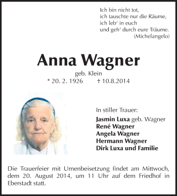Traueranzeige von Anna Wagner von Echo-Zeitungen (Gesamtausgabe)