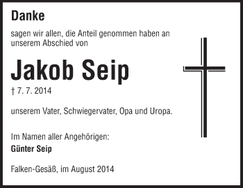Traueranzeige von Jakob Seip von Odenwälder Echo