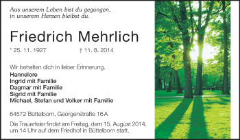 Traueranzeige von Friedrich Mehrlich von Rüsselsheimer Echo, Groß-Gerauer-Echo, Ried Echo