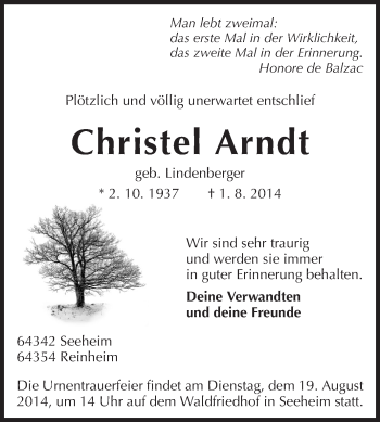Traueranzeige von Christel Arndt von Echo-Zeitungen (Gesamtausgabe)