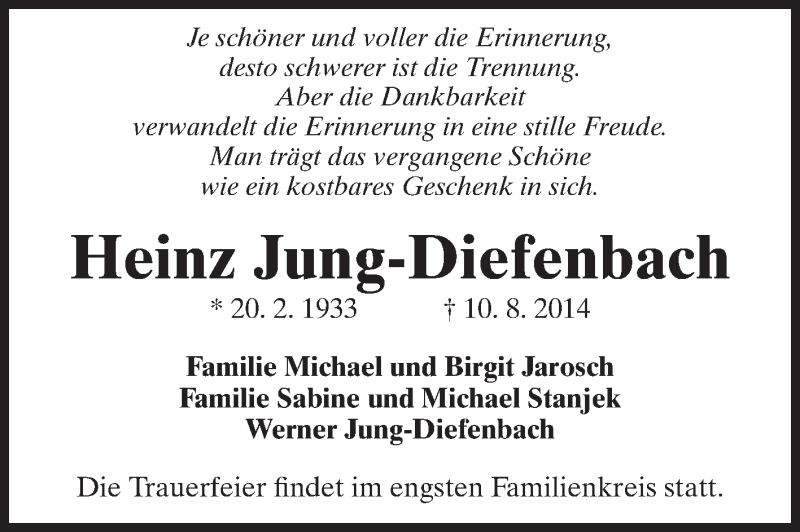  Traueranzeige für Heinz Jung-Diefenbach vom 16.08.2014 aus Echo-Zeitungen (Gesamtausgabe)
