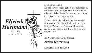 Traueranzeige von Elfriede Hartmann von Odenwälder Echo