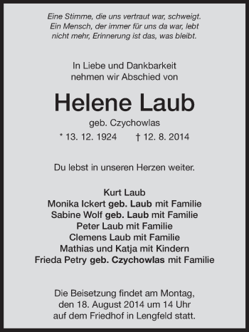 Traueranzeige von Helene Laub von Echo-Zeitungen (Gesamtausgabe)