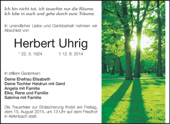 Traueranzeige von Herbert Uhrig von Odenwälder Echo