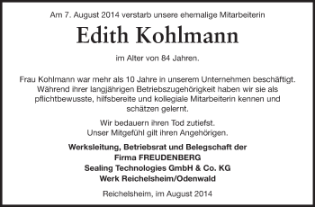 Traueranzeige von Edith Kohlmann von Odenwälder Echo