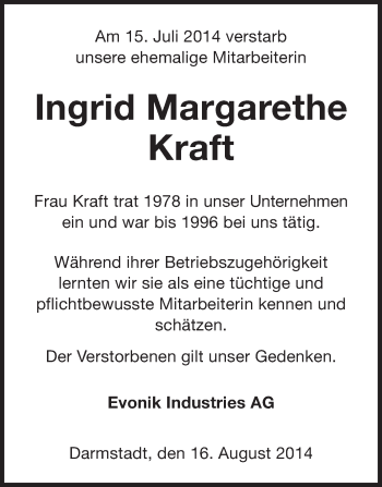 Traueranzeige von Ingrid Margarethe Kraft von Echo-Zeitungen (Gesamtausgabe)