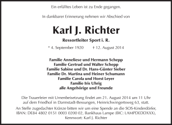 Traueranzeige von Karl Richter von Echo-Zeitungen (Gesamtausgabe)