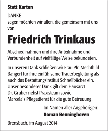 Traueranzeige von Friedrich Trinkaus von Echo-Zeitungen (Gesamtausgabe)