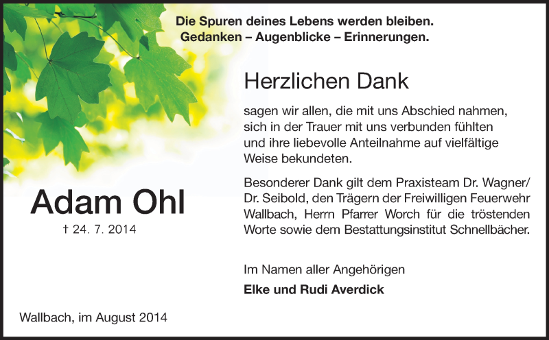  Traueranzeige für Adam Ohl vom 16.08.2014 aus Odenwälder Echo