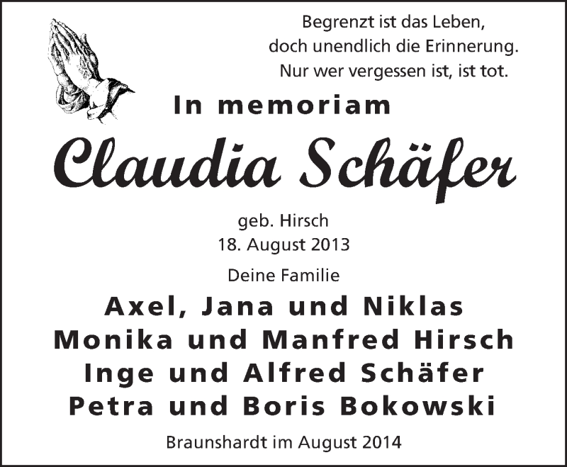  Traueranzeige für Claudia Schäfer vom 18.08.2014 aus Echo-Zeitungen (Gesamtausgabe)