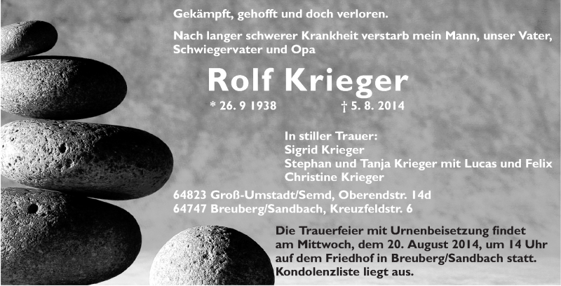  Traueranzeige für Rolf Krieger vom 16.08.2014 aus Echo-Zeitungen (Gesamtausgabe)