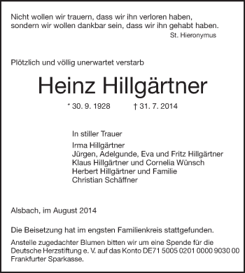 Traueranzeige von Heinz Hillgärtner von Echo-Zeitungen (Gesamtausgabe)