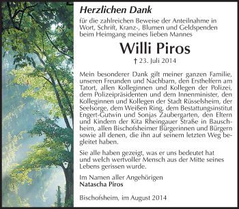 Traueranzeige von Willi Piros von Rüsselsheimer Echo, Groß-Gerauer-Echo, Ried Echo