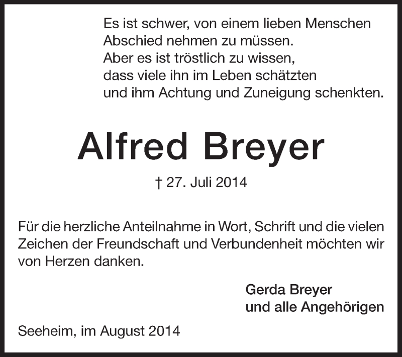 Traueranzeige für Alfred Breyer vom 16.08.2014 aus Echo-Zeitungen (Gesamtausgabe)