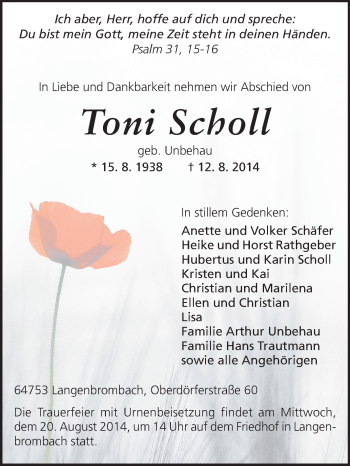 Traueranzeige von Toni Scholl von Odenwälder Echo