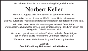 Traueranzeige von Norbert Keller von Echo-Zeitungen (Gesamtausgabe)