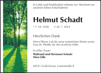 Traueranzeige von Helmut Schadt von Rüsselsheimer Echo, Groß-Gerauer-Echo, Ried Echo