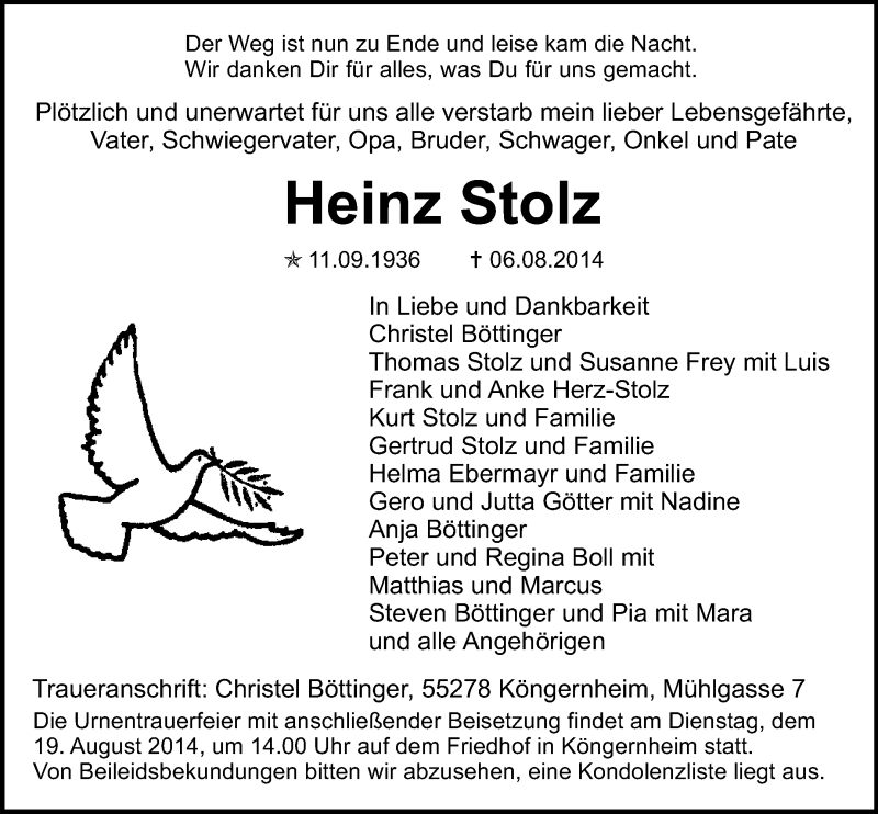  Traueranzeige für Heinz Stolz vom 16.08.2014 aus Rüsselsheimer Echo, Groß-Gerauer-Echo, Ried Echo