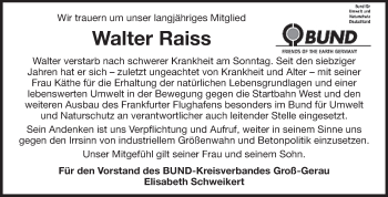 Traueranzeige von Walter Raiss von Rüsselsheimer Echo, Groß-Gerauer-Echo, Ried Echo