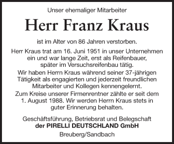 Traueranzeige von Franz Kraus von Odenwälder Echo
