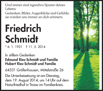 Traueranzeige von Friedrich Schmidt von Echo-Zeitungen (Gesamtausgabe)