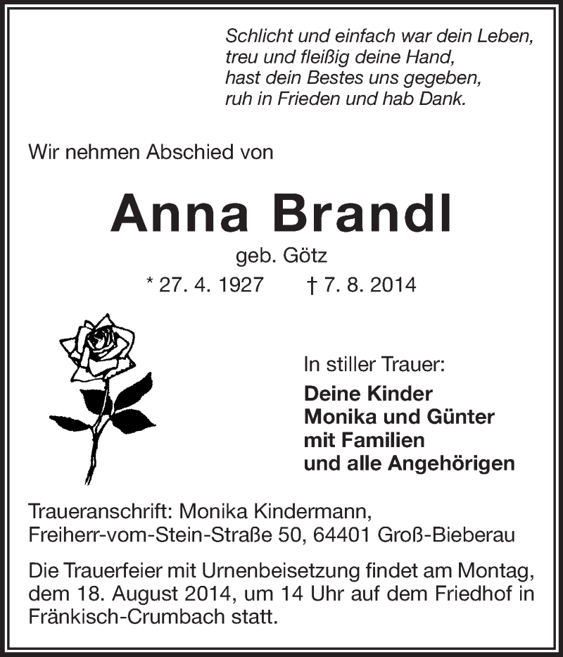  Traueranzeige für Anna Brandl vom 16.08.2014 aus Odenwälder Echo