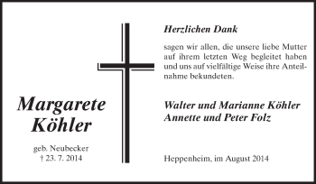 Traueranzeige von Margarete Köhler von Starkenburger Echo