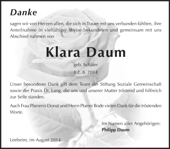 Traueranzeige von Klara Daum von Rüsselsheimer Echo, Groß-Gerauer-Echo, Ried Echo