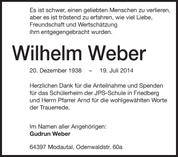 Traueranzeige von Wilhelm Weber von Echo-Zeitungen (Gesamtausgabe)