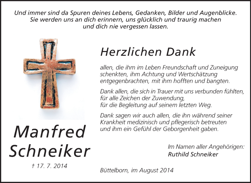  Traueranzeige für Manfred Schneiker vom 16.08.2014 aus Rüsselsheimer Echo, Groß-Gerauer-Echo, Ried Echo