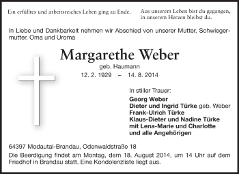 Traueranzeige von Margarethe Weber von Echo-Zeitungen (Gesamtausgabe)