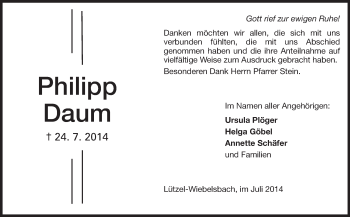 Traueranzeige von Philipp Daum von Echo-Zeitungen (Gesamtausgabe)