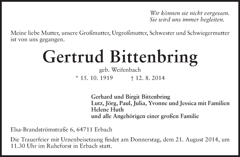  Traueranzeige für Gertrud Bittenbring vom 16.08.2014 aus Echo-Zeitungen (Gesamtausgabe)
