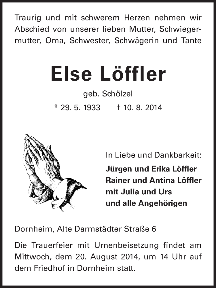  Traueranzeige für Else Löffler vom 16.08.2014 aus Rüsselsheimer Echo, Groß-Gerauer-Echo, Ried Echo