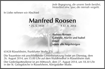 Traueranzeige von Manfred Roosen von Rüsselsheimer Echo, Groß-Gerauer-Echo, Ried Echo