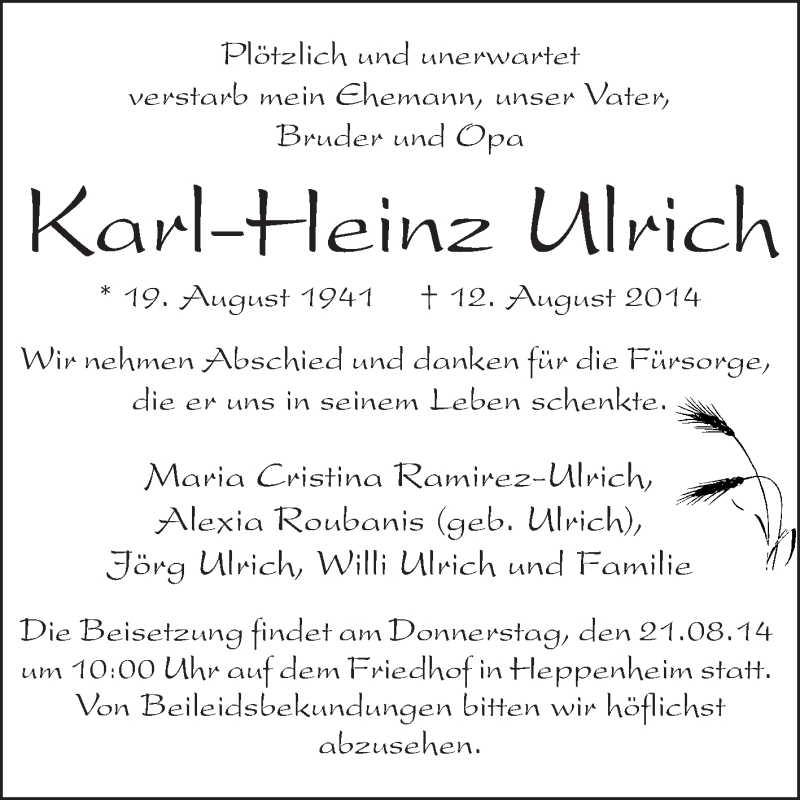 Traueranzeige für Karl-Heinz Ulrich vom 18.08.2014 aus Starkenburger Echo