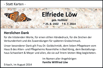 Traueranzeige von Elfriede Löw von Odenwälder Echo