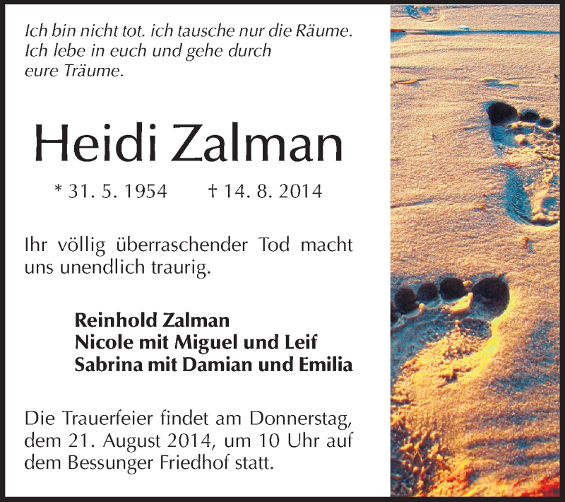  Traueranzeige für Heidi Zalman vom 18.08.2014 aus Echo-Zeitungen (Gesamtausgabe)
