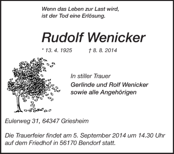 Traueranzeige von Rudolf Wenicker von Echo-Zeitungen (Gesamtausgabe)