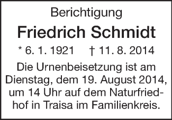 Traueranzeige von Friedrich Schmidt von Echo-Zeitungen (Gesamtausgabe)