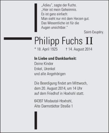 Traueranzeige von Philipp Fuchs II von Echo-Zeitungen (Gesamtausgabe)
