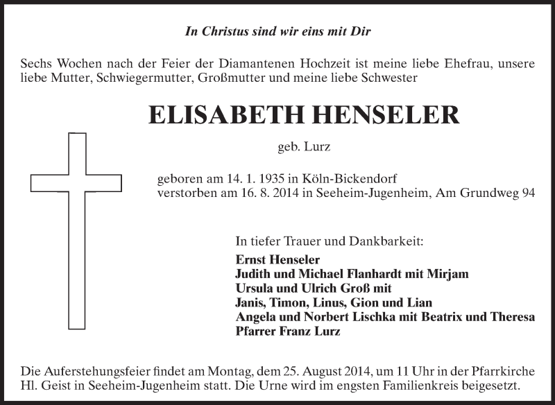  Traueranzeige für Elisabeth Henseler vom 18.08.2014 aus Echo-Zeitungen (Gesamtausgabe)