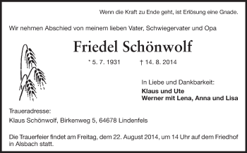 Traueranzeige von Friedel Schönwolf von Echo-Zeitungen (Gesamtausgabe)