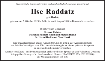 Traueranzeige von Ilse Raddatz von Echo-Zeitungen (Gesamtausgabe)