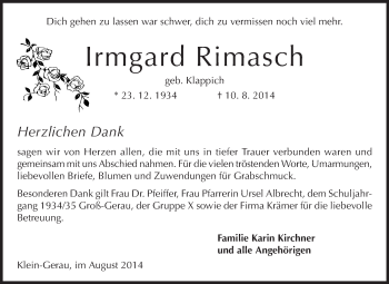 Traueranzeige von Irmgard Rimasch von Rüsselsheimer Echo, Groß-Gerauer-Echo, Ried Echo