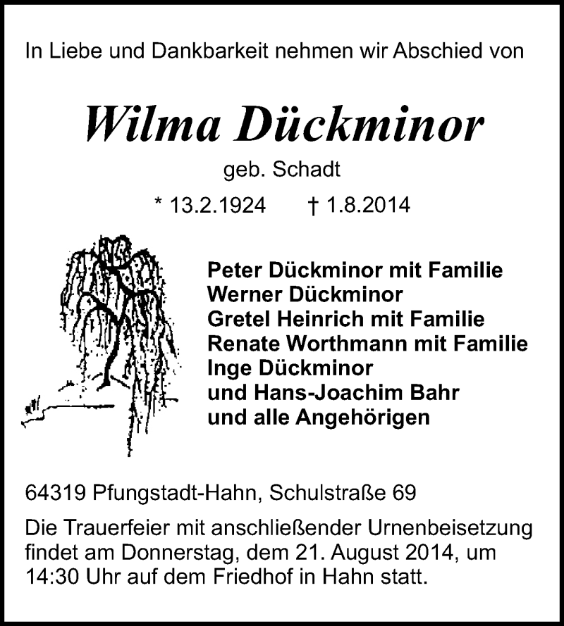  Traueranzeige für Wilma Dückminor vom 19.08.2014 aus Echo-Zeitungen (Gesamtausgabe)