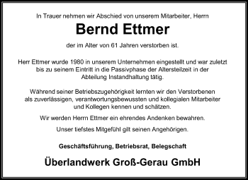 Traueranzeige von Bernd Ettmer von Rüsselsheimer Echo, Groß-Gerauer-Echo, Ried Echo