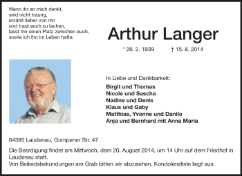 Traueranzeige von Arthur Langer von Odenwälder Echo