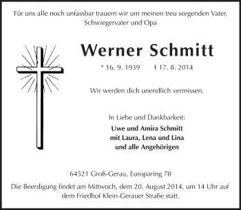 Traueranzeige von Werner Schmitt von Rüsselsheimer Echo, Groß-Gerauer-Echo, Ried Echo