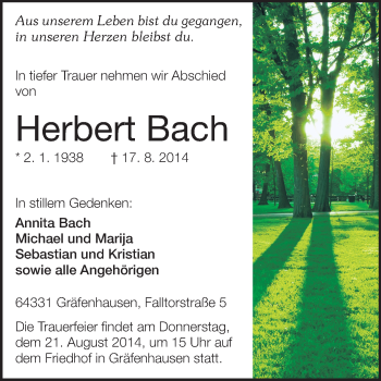 Traueranzeige von Herbert Bach von Echo-Zeitungen (Gesamtausgabe)